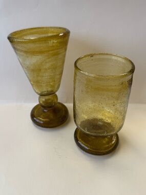 2 Handblown Yellow Recycled Egyptian Cairo Glass Goblets Different Shapes.